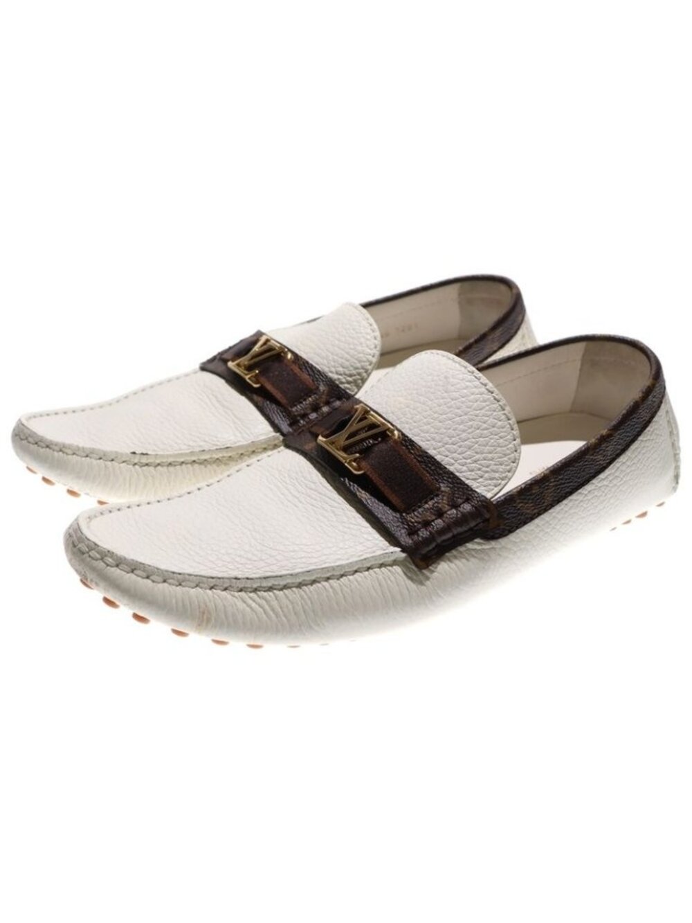 Louis Vuitton Monogram Logo Leather Loafers Driving Shoes White Brown - Picture 3 of 7